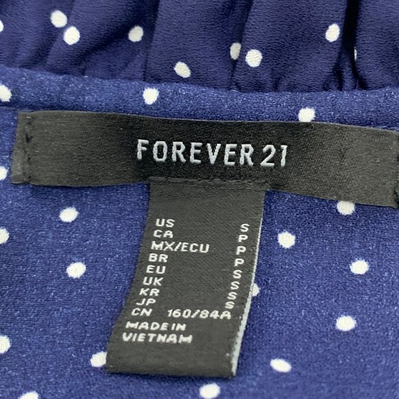 Forever 21 Long Sleeve Pull Over Blouse Navy Blue White Polka Dots Small Ruffled - Picture 3 of 11